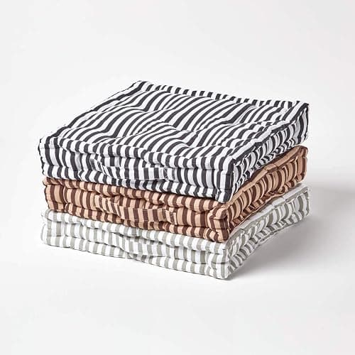 HOMESCAPES - Pin Stripe Choco - 100% Cotton - Floor Cushion - Chocolate and Beige - 40 x 40 x 8 cm Square - Indoor - Garden - Dining Chair Booster - Seat Pad Cushion. thumbnail 6