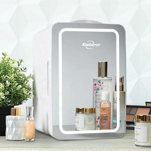 Koolatron Cosmetics Fridge w/Lighted Makeup Mirror, 6L Portable Skincare Refrigerator w/LED Ring Light, 12 Volt DC and 110 Volt AC Cords, Beauty Serum, Face Mask, Home, Travel, Hotel, Dorm, Office thumbnail 2