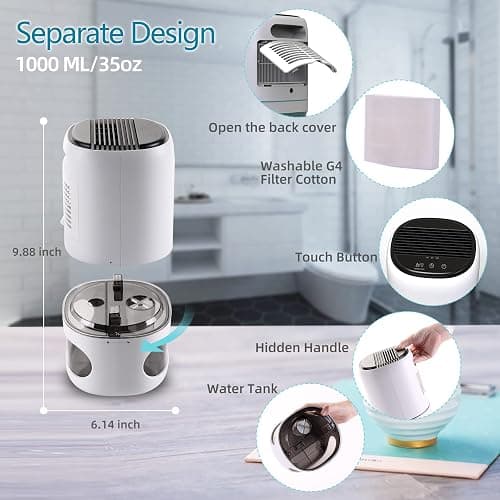 Hoomace Small Dehumidifiers for Bedroom w/Air Purifying Function, 1000 ml/35 oz for 2500 Cubic Feet (260 sq ft) with 7 Colorful LED Lights Timer Set Negative Ions Below 30 dB, Auto Shut-Down thumbnail 2