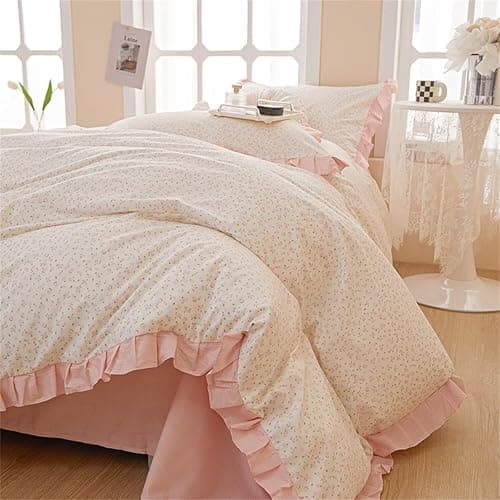 MKXI Full Size Small Floral Ruffle Comforter Set - 3 Piece Countryside Floral Comforter with Pillow Shams, Reversible White Pink Princess Bedroom Collection, Soft Aesthetic Bedding Set for Teen Girls - Image 1