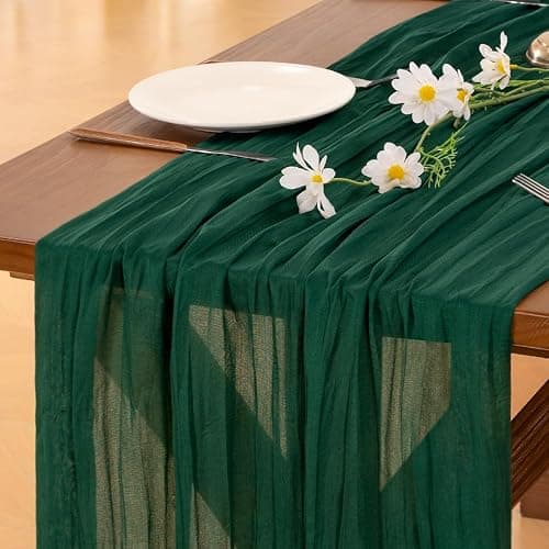 Cheesecloth Table Runner Fall Boho Wedding Birthday Party Home Decor | Emerald Green 2pcs Rustic Gauze 10FT Cheese Cloth Sheer Farmhouse Runner for Baby Shower Bridal Holiday Decorations - Image 1