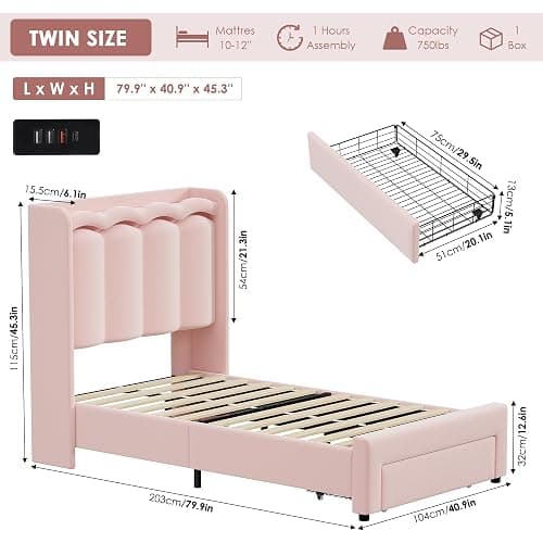 HIFIT Pink Velvet Twin Bed Frame with LED&Charging Station&Storage Drawer | Twin Size Princess Bed for Girls, Camas Twin with Double Wavy Shaped Wingback Headboard, Solid Frame, No Box Spring Needed thumbnail 2