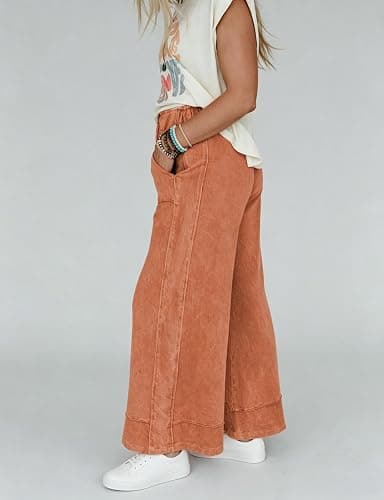 Athlisan Womens Casual Wide Leg Sweatpants Acid Wash Elastic Waisted Palazzo Pants Trousers with Pockets thumbnail 3