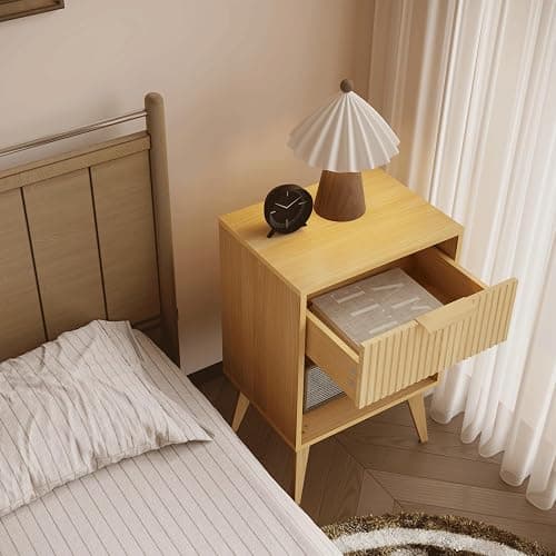 Fluted Night Stand with Opening Storage,Mid Century Bedside Table with Drawer,Wood Nightstand with Solid Wood Legs,End Table Side Table for Living Room,Bedroom,Natural CAACTG56Y thumbnail 2