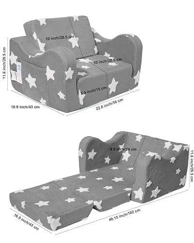 KokoSelene Toddler Couch, Kids Couch for Toddler Fold Out, 2-in-1 Convertible Kid Sofa to Lounger Bed for Girls and Boys, Ideal for Reading Sleeping Gaming Decor (Grey) thumbnail 3
