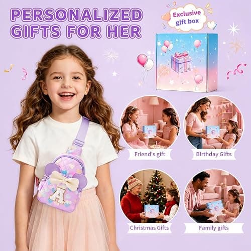 Birthday Gifts for Girls, Cute Purple Initial Purse for Kids | Small Crossbody Sling Bag with Gift Box for 3 4 5 6 7 8 Year Old Kids, Water Resistant PU (Purple S) thumbnail 3