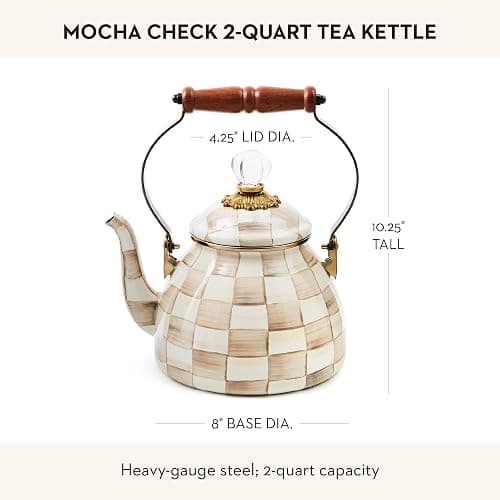 MACKENZIE-CHILDS Enamel Tea Kettle, Stylish Tea Kettle for Stovetop, Brown-and-White Mocha Check, 2 Quarts thumbnail 2