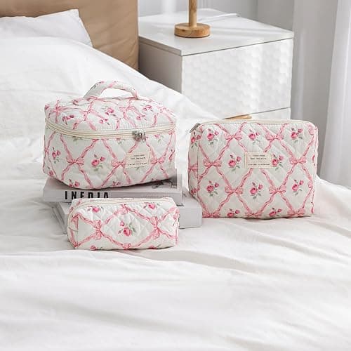 uekeboag Large Travel Quilted Makeup Bag for Women, Floral Cotton Cosmetic Bag, Coquette Aesthetic Floral Toiletry Organizer Bag thumbnail 6