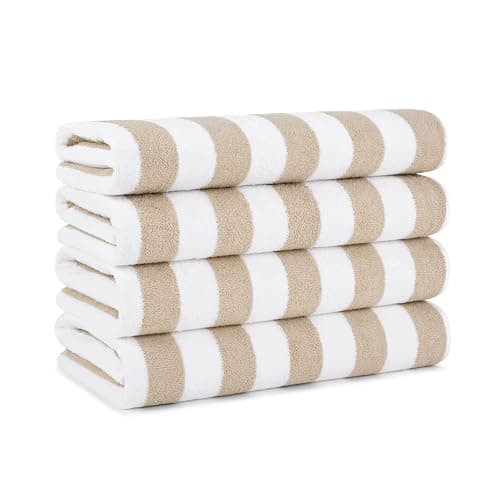Arkwright California Cabana Stripe Beach Towel - Pack of 4, Large Soft Quick Dry Cotton Terry Towels Set for Pool, Swim, and Hot Tub, Oversized 30 x 70 in, Beige - Image 1