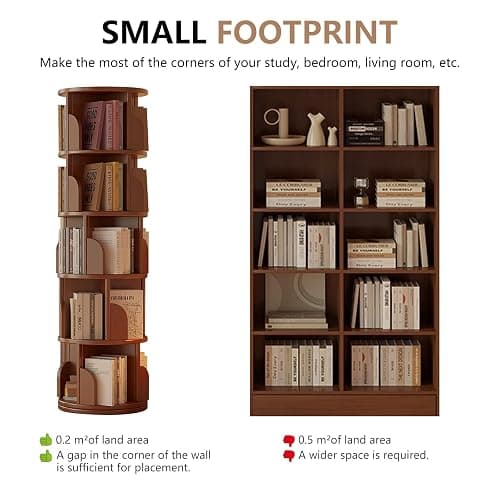 Revolving Bookcase, Rotating Bookshelf Tower, 360° Display Standing Book Shelf Organizer, Freestanding Wooden Corner Bookshelves Storage Rack for Small Space, Living Room, Bedroom (5-Tier) thumbnail 6