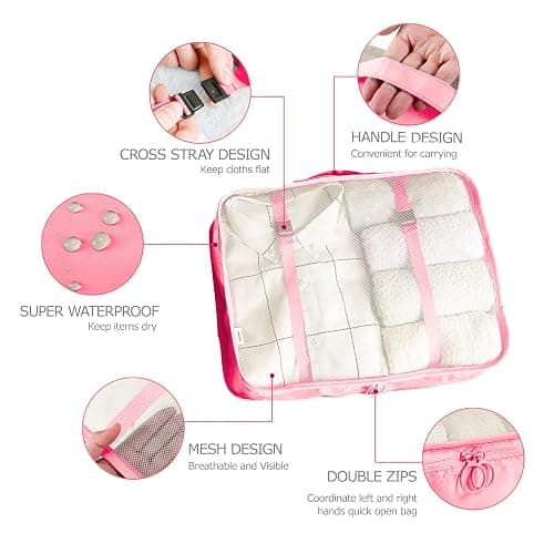 8 Set Packing Cubes for Suitcases Travel Luggage Packing Organizers,Travel Essentials Luggage Organizer Accessories for Shoe Bag Tioletry Bag Laundry Bag (Pink) thumbnail 6