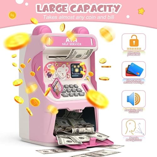 Rabbit ATM Piggy Bank for Girls with Automatic Bill Roller, Electronic Coin Bank with Simulated Card Slot & Facial Recognition, ATM Money Saving Box with Music Function for Kids(Pink) thumbnail 5