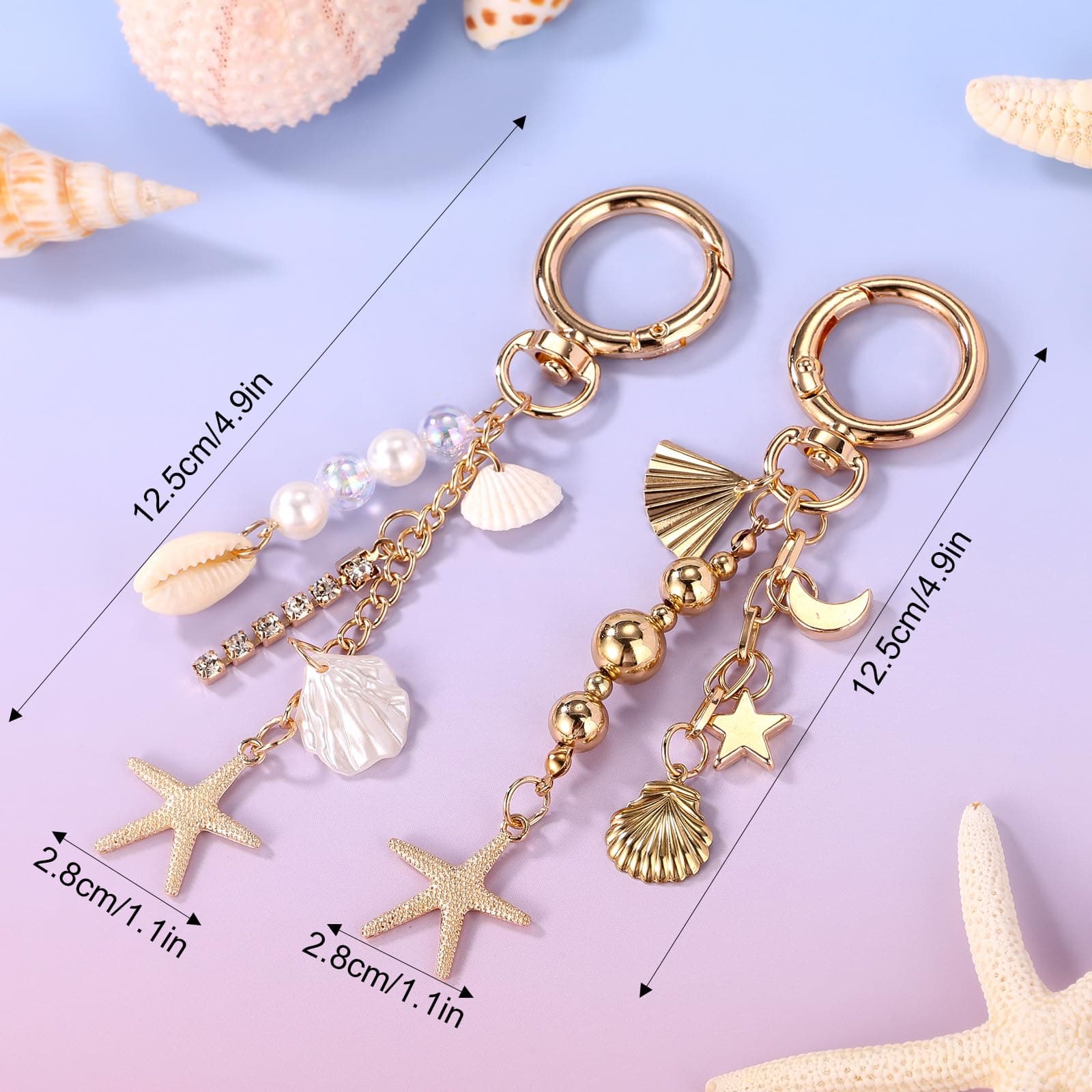 Mikovivi 2pcs Beach Keychains for Women, Gold Plated Starfish Shell Key Chains Beach Bag Charms with Coastal Theme Accessories for Your Summer Travel Bag (2 Styles) thumbnail 5