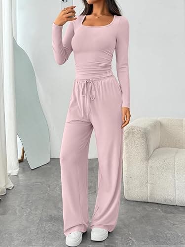 Trendy Queen Womens 2 Piece Lounge Set Fall Fashion Matching Travel Outfits | Airport Style, 2026 Winter Clothing, Scoop Neck Ruched Top & Wide Leg Pants With Pockets, Casual Comfy Cute Sweat Sets thumbnail 3