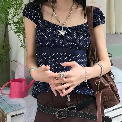 Women's Y2k Fairy Grunge Babydoll Coquette Shirt Short Sleeve Polka Dot Peplum Baby Tee Blouses Going Out Crop Tops thumbnail 2