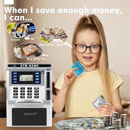 BAODLON Piggy Bank for Kids, ATM Machine Bank for Real Money with Debit Card, Bill Feeder, Coin Recognition, Balance Calculator, Electronic Savings Safe Box, Cool Stuff Toys Gifts for Teen Boys Girls thumbnail 7
