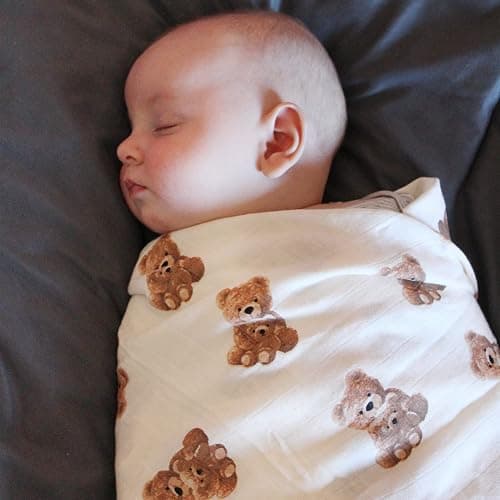 LifeTree Muslin Swaddle Blankets Neutral, Baby Swaddling Wrap Nursery Blanket for Boys & Girls Unisex, Soft 70% Viscose from Bamboo and 30% Cotton, Large 47 x 47 inches, Bear & Checkered Coffee thumbnail 9