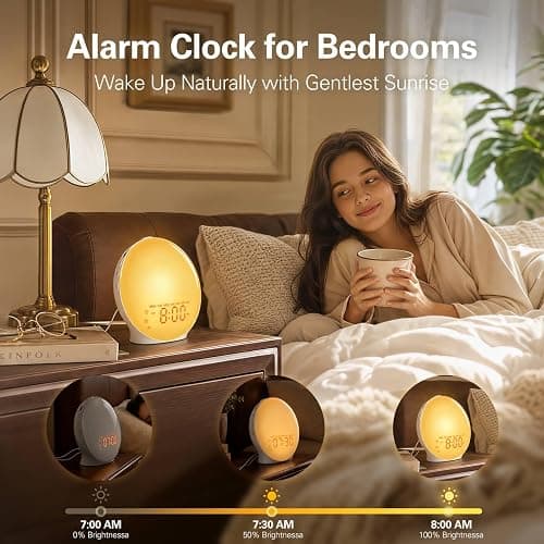 JALL Full-Screen Wake Up Light Sunrise Alarm Clocks for Bedrooms, White Noise Machine for Heavy Sleepers, 25 Natural Sounds, Dual Alarms, FM Radio, 17 Dimmable Colors, Bluetooth Speaker thumbnail 3