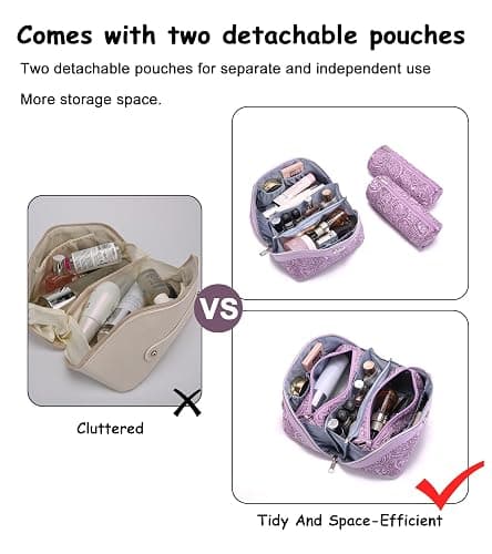 BOYATU Travel Makeup Bags Cosmetic Organizer Bag: 3 Pcs Set Large Capacity Floral Make up Bag with Compartments - Waterproof Leather Toiletry Bags with Handle for Women (21-Purple) thumbnail 4