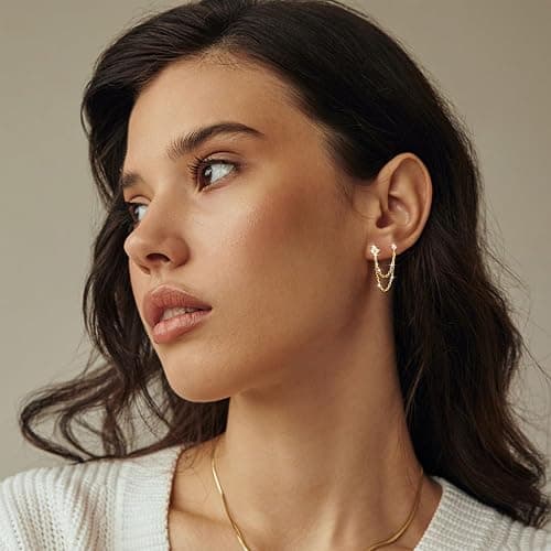 BUAEL 925 Sterling Silver Four Zircons Flower Stud Earrings For Women | Double Studs Chain Tassel Piercing Earring | Gold Plated Double Piercing Dangle Chain Earrings Jewelry Gifts for Women Girls thumbnail 3