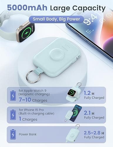 RORRY Portable Charger, 5000mAh Portable Charger Power Bank with Built-in Cables, Travel Keychain Battery Pack for Apple Watch Ultra/11/10/9/8/7/6/SE, iPhone Air/17/16/15/14/13/12, Blue thumbnail 3