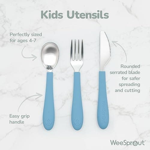 Kids Stainless Steel Utensils Set - Premium 18/8 Grade Silverware Kit - 2 Spoons, 2 Forks, and 2 Knives for Ages 4-7 - Silicone Easy-Grip Handles - Children Flatware Cutlery (Bright - Purple, Pink) thumbnail 5