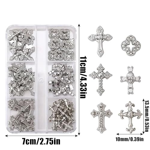 60 Pcs Kreuz Nagel Charms für Nagelkunst, 3D Metall Kristall Kreuz Nagel Dekorationen, Legierung Nagel Nieten und Strasssteine für Frauen Mädchen DIY Schmuck Handwerk Zubehör (B-Silber) thumbnail 3