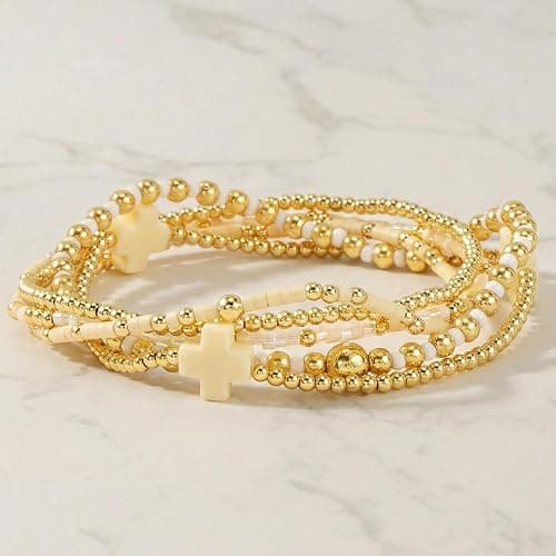 EQUBIO Gold Beaded Cross Bracelet for Women, 14K Plated Adjustable Stackable Dainty Bracelets, Non Tarnish Fashion Jewelry Set Gifts for Women Birthday Friendship thumbnail 5