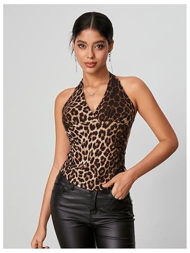 WDIRARA Women's Leopard Print Ruched Halter Crop Tops V Neck Tie Back Sleeveless Slim Fit Cami Tops thumbnail 2