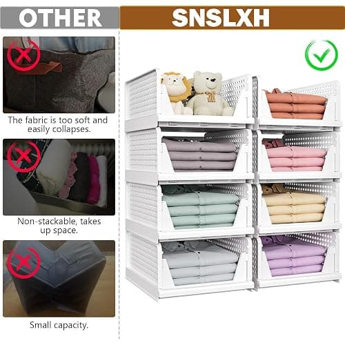 SNSLXH 5 Pack Stackable Closet Storage Basket, Multifunctional & Foldable Closet Organizer for Bathroom Kitchen Laundry Room Wardrobe Storage, Space-Saving Clothes Storage Drawer Organizer, White thumbnail 3