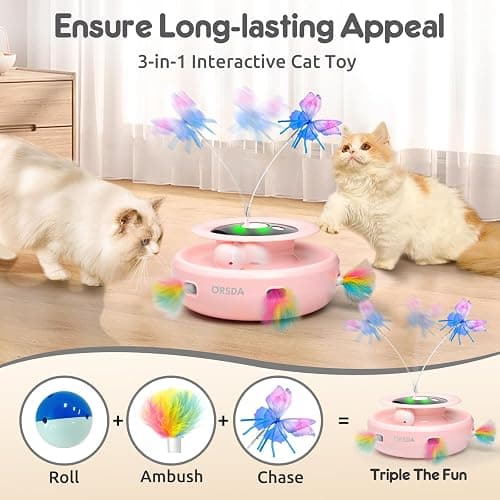 ORSDA Cat Toys Automatic, 3 in 1 Interative Cat Toy, Moving Ambush Feather, Fluttering Butterfly, Track Balls, Whack a mole, USB Rechargeable, Suitable for All Breed Sizes thumbnail 2
