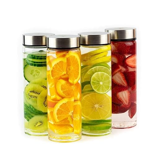 Juice Bottles - 4 Pack Wide Mouth Glass Bottles with Lids - for Juicing, Smoothies, Infused Water, Beverage Storage - 16oz, BPA Free, Stainless Steel Lids, Leakproof, Reusable, Borosilicate - 16 Ounces