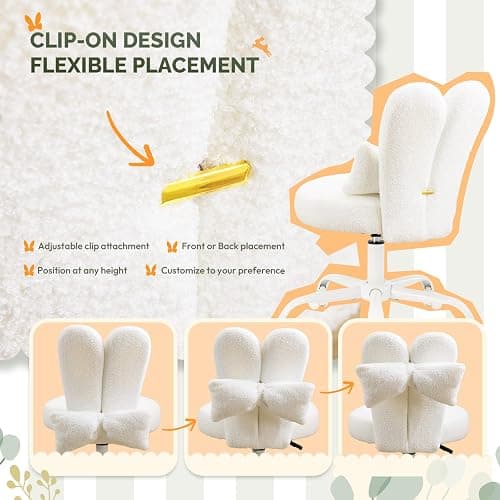 VINGLI Playful Rabbit Ear Swivel White Vanity Desk Chair with wheels&Bow Pillow,Cute Comfy Small Armless Adjustable Rolling Stool for Bedroom/Home Office,for Kids,Teens,Girls,Women,Adults,Teddy Fleece thumbnail 4