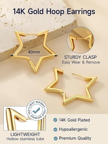 PROSTEEL Star Hoop Earrings for Women, 20mm/30mm/40mm/50mm/60mm, Small/Big Star Hoops, Non Tarnish Brass with14K Gold/Black Plated, Hypoallergenic, Jewelry Gift for Her thumbnail 3