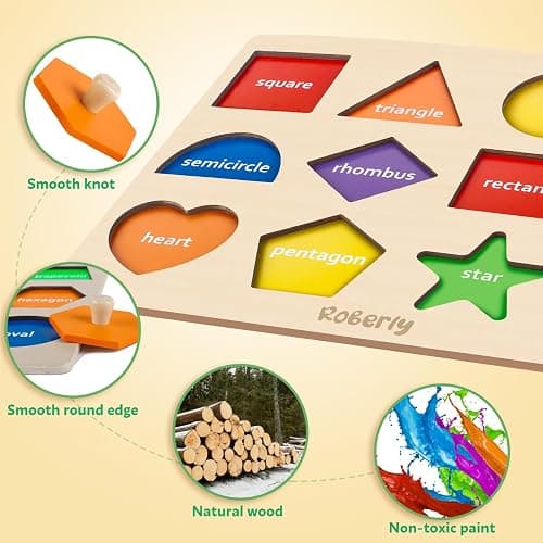 Roberly Shape Wooden Puzzles for Toddlers 1-3, Montessori Toys Peg Puzzle Geometric Color Matching Board for Girls Boys 12-18-24 Months Preschool Learning Educational Toys Birthday Gifts for Kids thumbnail 6