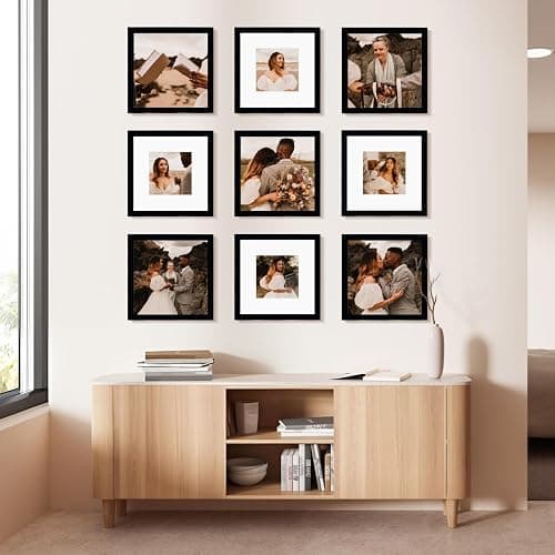 BSRHOME 12x12 Picture Frame Set of 9, Display Pictures 8x8 with Mat or 12x12 without Mat, Multi Collage Gallery Square Photo Frames for Wall or Tabletop, Black - Black - 12x12 thumbnail 4