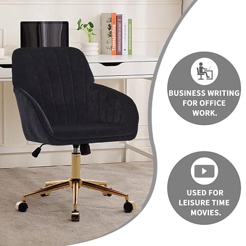Klwenas Maec Black Velvet Vanity Chair with Arm Rest for Home Office | Upholstered Swivel Desk Chair with Wheels for Bedroom Living Room Make-up Room,Height Adjustable, Ergonomic Back,Metal Base thumbnail 3
