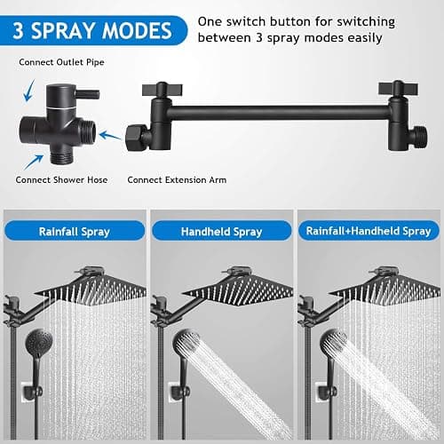 Shower Head Combo,10 Inch High Pressure Rain Shower Head with 11 Inch Adjustable Extension Arm and 5 Settings Handheld Powerful Shower Spray Against Low Pressure Water - Matte Black thumbnail 2