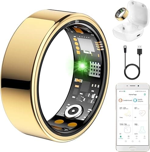 Ring Health Tracker for Women Men, Fitness Tracker with Heart Rate, Blood Oxygen, Sleep Monitor, Calories, Step Counter, IP68 Waterproof Smart Ring for iPhone & Android, No Subscription Fee (Gold, 7#) - Image 1