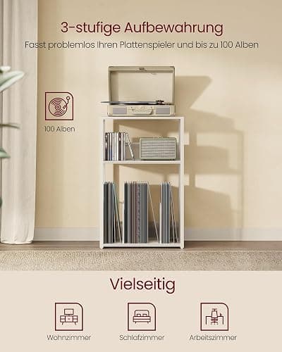 VASAGLE Plattenspieler-Ständer, 3 Etagen, Beistelltisch, Aufbewahrung von Schallplatten, bis zu 100 Alben, Tisch für Wohnzimmer, Schlafzimmer, vintageweiß LET275W01 thumbnail 4
