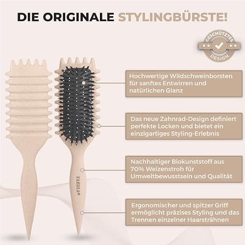 FABIHA® 𝐏𝐑𝐄𝐌𝐈𝐔𝐌 Lockenbürste - Curly Hair Brush - Bio Haarbürste ohne ziepen - Wildschweinborsten Bürste - Die Originale 3-in-1-Stylingbürste für trendige Lockenfrisuren (Beige) thumbnail 2