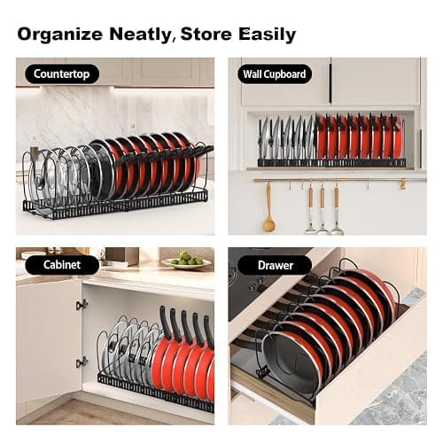 Housolution Pot and Pan Organizer Rack for Cabinet, Expandable Pot Lid Organizer Holder with 14 Adjustable Dividers, Fully Expanded Size 22.83" W x 7.09" D x 7.09" H, Black thumbnail 6