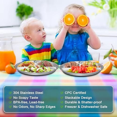 EWFEN Stainless Steel Toddler Plate Set of 6, 9" Portion Control Plates Divided Plate for Adults Kids Balance Lunch, Non Slip | Unbreakable Toddler Baby Feeding Set Dishwasher Safe thumbnail 4