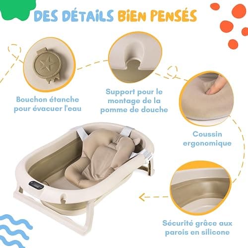 Baignoire pour bébé Pliable - Baignoire pour bébé beige avec thermomètre et coussin de bain - Baignoire pour bébé de 80 cm pour enfants de 0 à 36 mois - Baignoire pour enfant portable antidérapante thumbnail 5