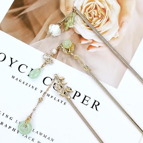 Lawie 10 Pack Retro Gold Metal Long Hair Sticks Pins with Pearl Jade Dangles Tassels Pendants Chinese Hanfu Asian Flower Butterfly Hair Chopsticks Hair Picks Bun Forks Holders Hairpins for Women Girls thumbnail 8
