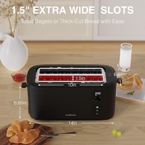 Anfilank Toaster 4 Slice Long Extra Wide Slot 1.5" with Countdown Timer, 6 Browning Settings, Built-in Warming Rack, Bagel/Cancel/Defrost Functions, Removable Crumb Tray-Matteblack thumbnail 3