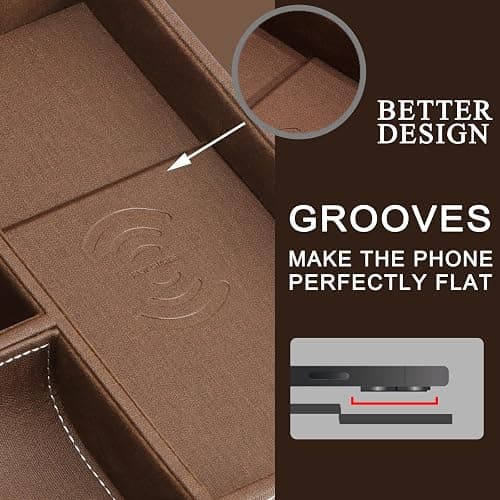 SANZIE Leather Tray with Wireless Charger - Nightstand Organizer for Phone, Wallet, Keys, Sunglasses, Watches, Jewelry, and More (Brown, Large) thumbnail 5