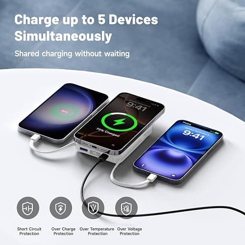 Vexnara Batterie Externe iPhone Magnétique, Compatible avec MagSafe 10000mAh sans Fil Power Bank Charge Rapide avec 2 Câbles Intégrés Affichage LED Compatible iPhone 17/16/15/14/13/Pro/Pro Max-Blanc thumbnail 6