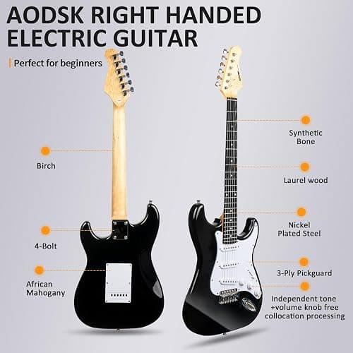 AODSK Electric Guitar with Amp Beginner Kit 39 Inch Solid Body Full Size,All Accessories,Digital Tuner,Six Strings,Four Picks,Tremolo Bar,Strap,Gig Bag,Starter kit (Black-SSS) thumbnail 3
