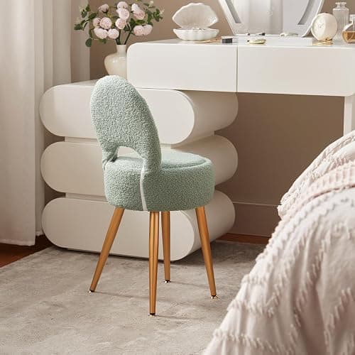ZYKZYK Small Vanity Stool Chair with Storage and Folding Back,4 Metal Legs with Anti-Slip Feet,Round Ottoman with Velvet Seat, Furry Padded Seat for Makeup, Bedroom (Green, Small) thumbnail 2